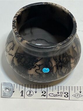 Navajo Horse Hair Pottery Pot Vase Signed TVail Beaded 3.5” H Round